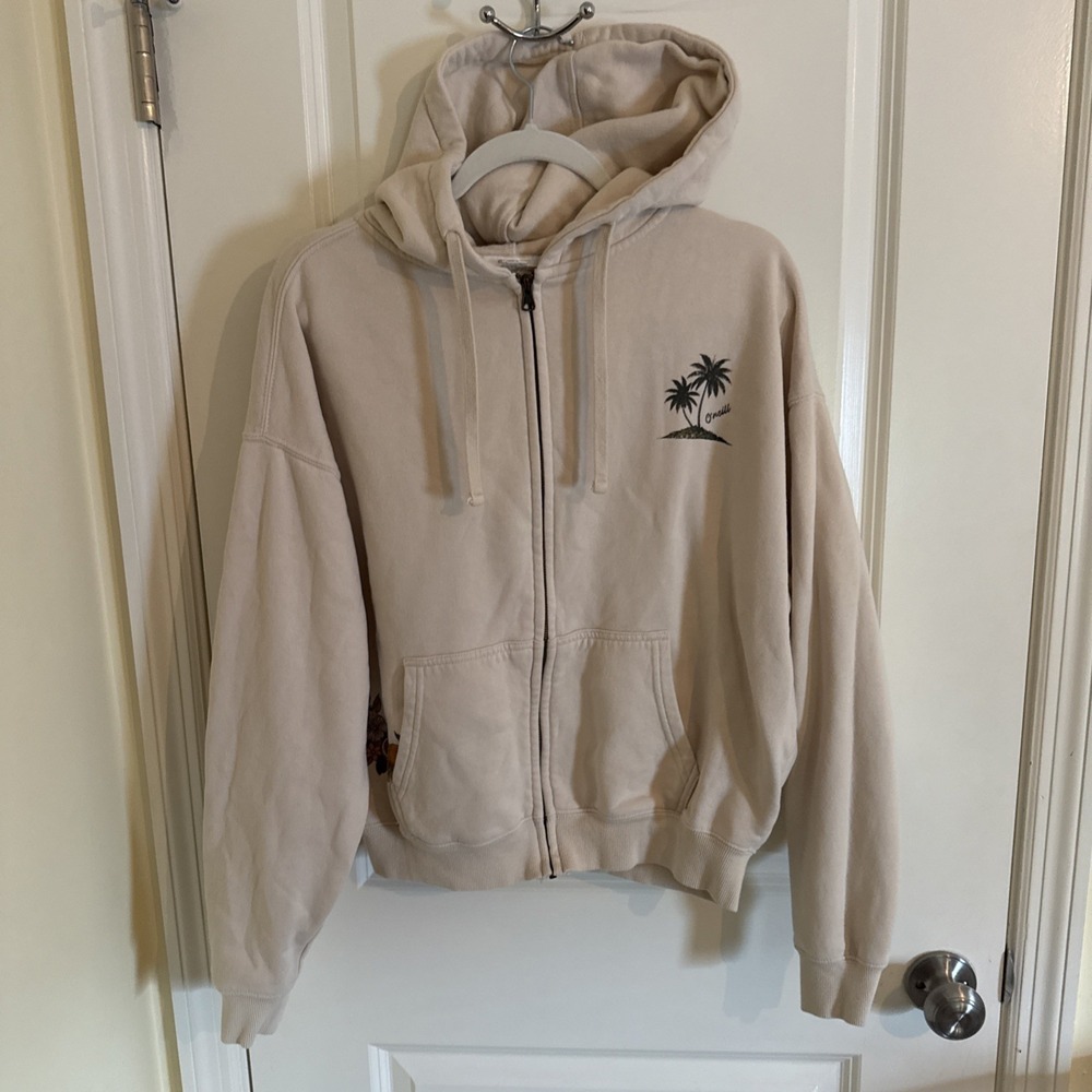 O'Neill Medium Ivory Full Zip Hoodie Women Beach Graphic Print Fleece Sweatshirt
